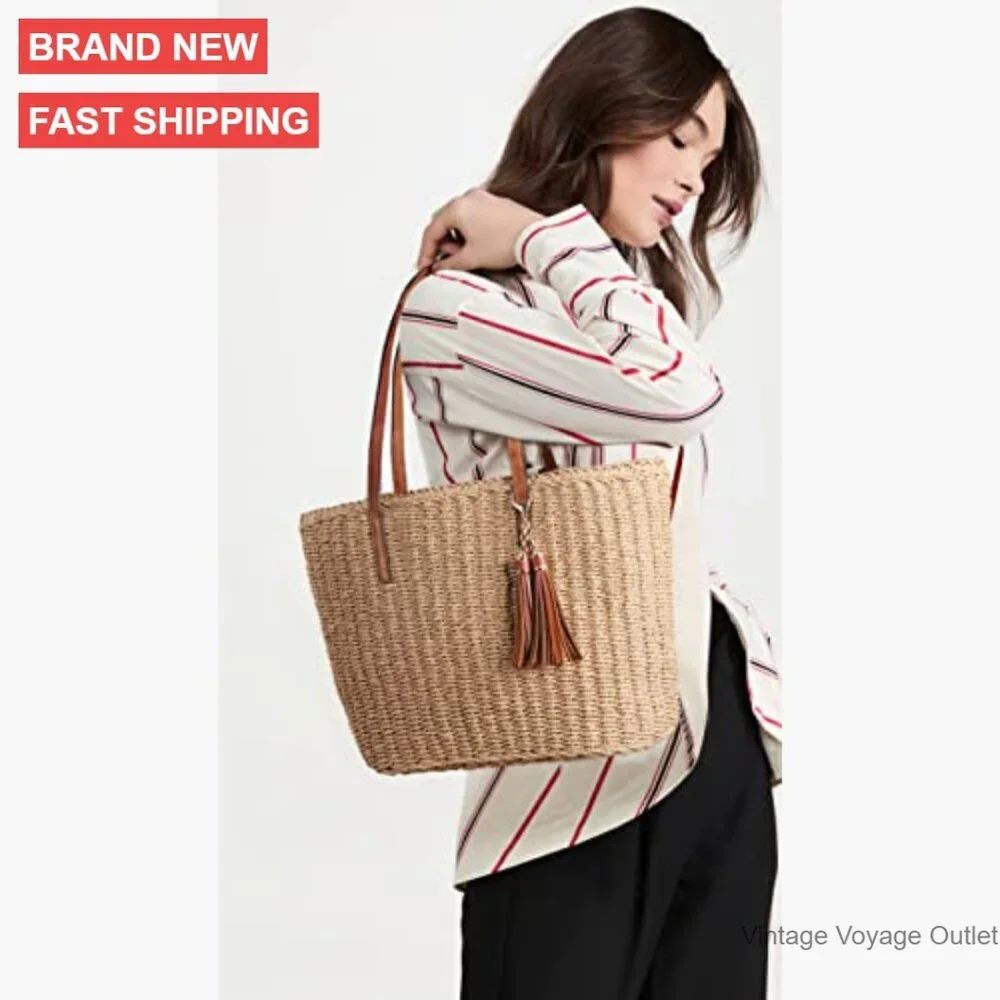 Medium Straw Tote Bag Woven Handmade Shoulder Bag Summer Travel - Picture 2 of 7